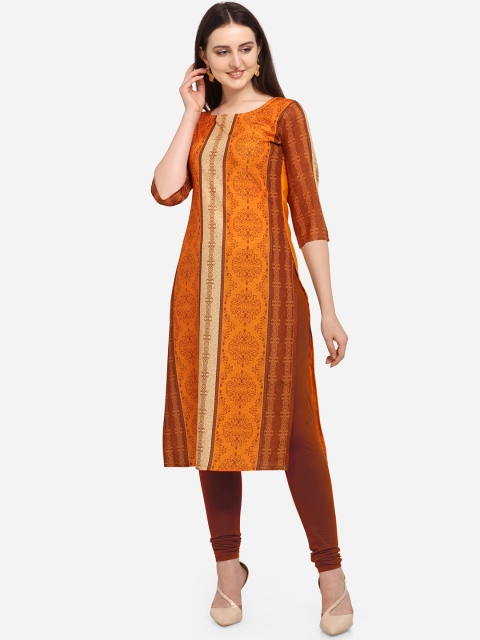 

PURVAJA Women Orange Woven Design Straight Kurta