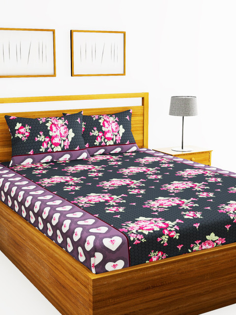 

BIANCA Charcoal & Pink Floral 152 TC Polyester 1 King Bedsheet with 2 Pillow Covers
