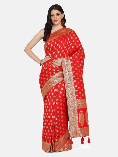 

BOMBAY SELECTIONS Red & Gold-Toned Silk Blend Woven Design Banarasi Saree