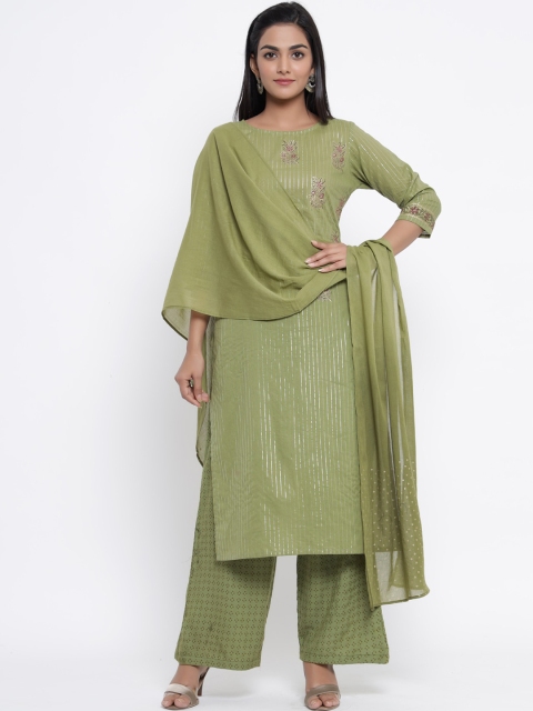 

WomenMagic Women Green Striped Kurta with Palazzos & Dupatta