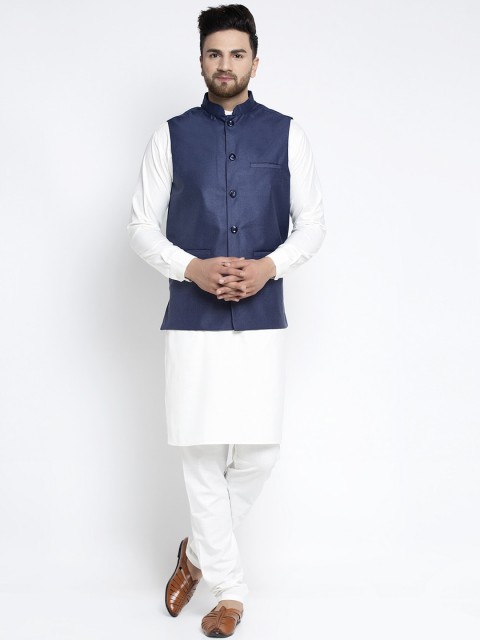 

Jompers Men White & Navy Blue Solid Kurta with Pyjamas