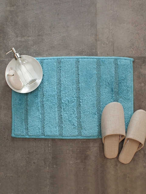 

House This Blue Self-Striped Rectangular 110 GSM Cotton Bath Rug