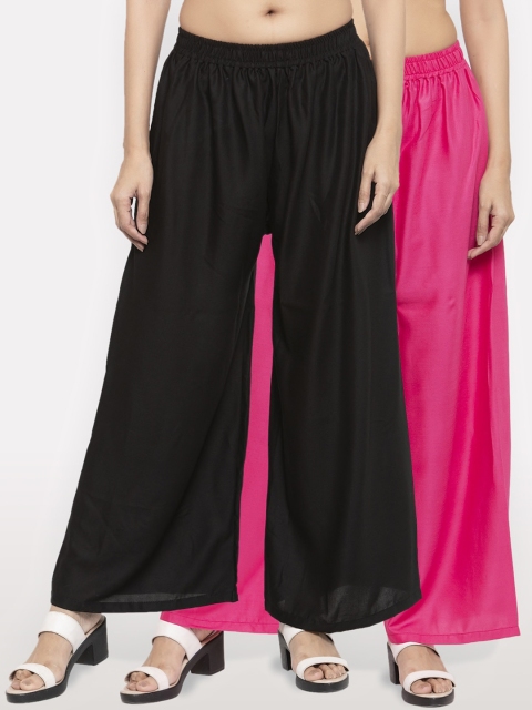 

NEUDIS Women Pack of 2 Black & Pink Solid Flared Palazzos