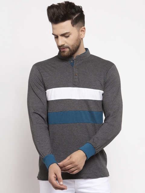 

Kalt Men Charcoal Striped Mandarin Collar T-shirt