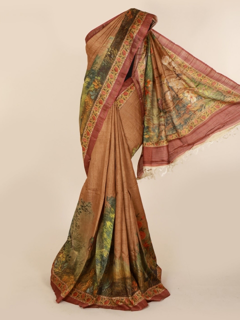 

Pothys Brown & Green Jute Silk Printed Tussar Saree