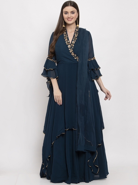 

KHALOM Women Teal Blue Embellished Ethnic Maxi Dress with Dupatta