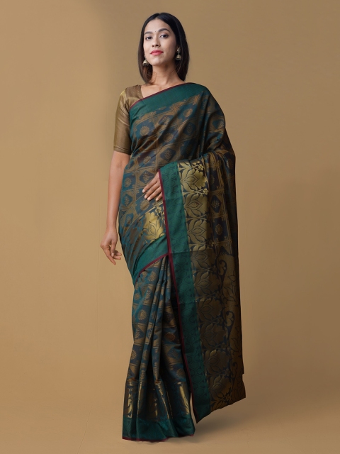

Unnati Silks Green & Gold-Toned Silk Cotton Woven Design Uppada Saree