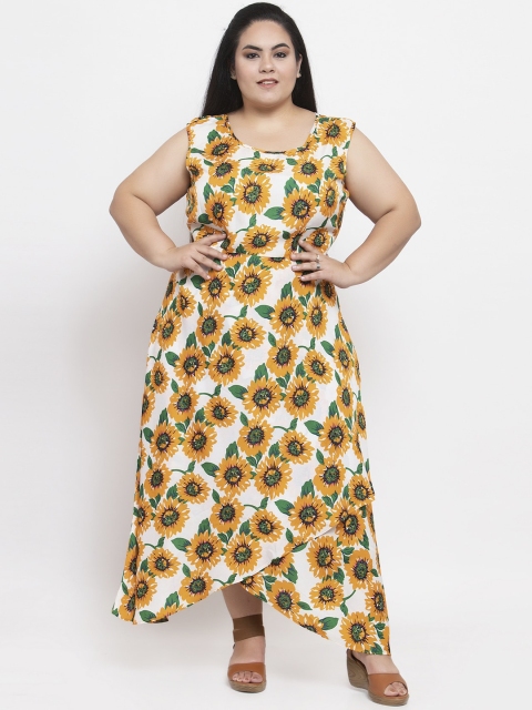 

Flambeur Women White & Yellow Floral Printed Maxi Dress