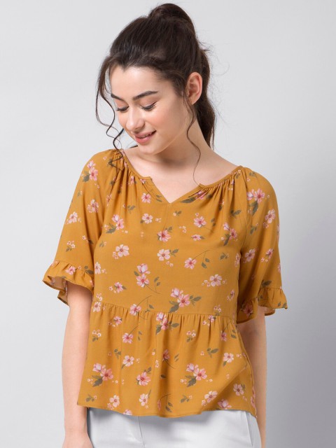 

FabAlley Women Yellow Printed Knitted Cotton A-Line Top