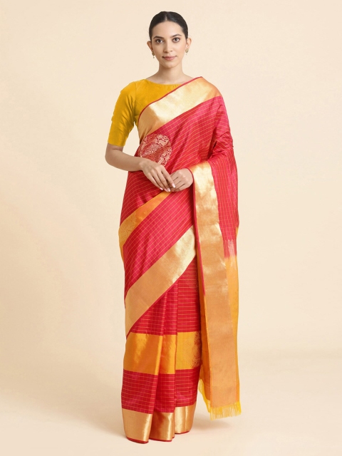 

Taneira Pink & Yellow Pure Silk Checked Handloom Saree