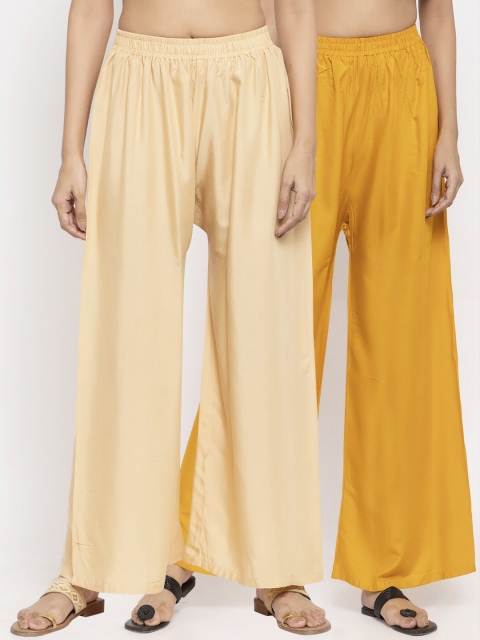 

NEUDIS Women Pack Of 2 Beige & Yellow Solid Flared Palazzos