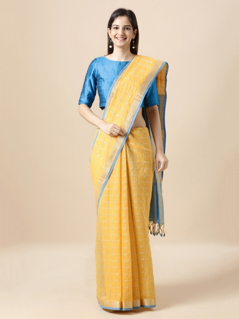 

Taneira Yellow & Turquoise Blue Pure Cotton Checked Mangalagiri Handloom Saree