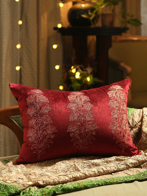 

Amoliconcepts Burgundy Floral Embroidered Rectangle Cushion Cover
