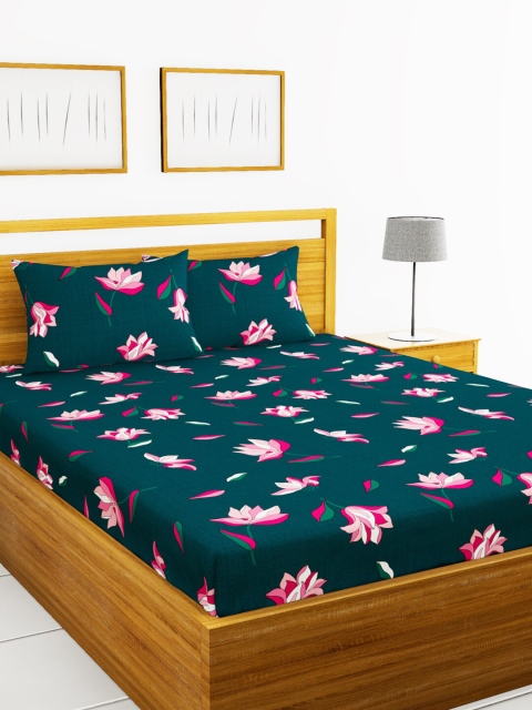 

BIANCA Green & Pink Floral 152 TC Polyester 1 Queen Bedsheet with 2 Pillow Covers