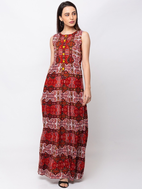 

SHECZZAR Women Red Printed Maxi Dress