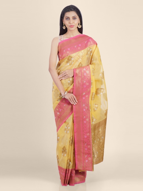

Shruti and Mangaaysh Yellow & Pink Silk Blend Handloom Banarasi Saree