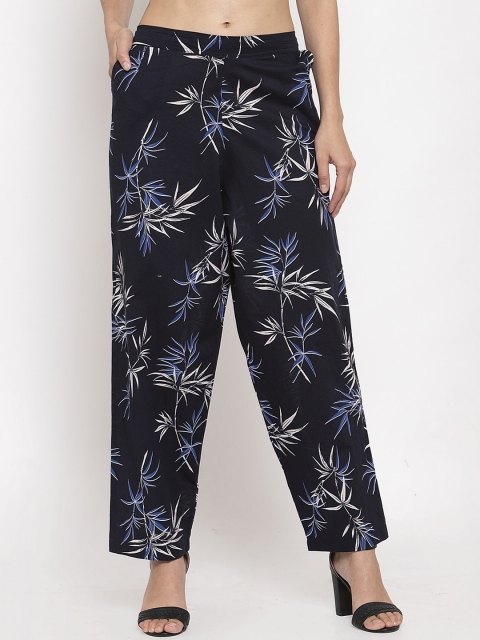 

TAG 7 Women Navy Blue Floral Printed Straight Palazzos
