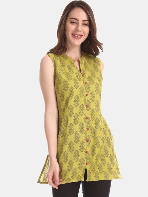 

Notched Mandarin Neck Printed Tunic, Green