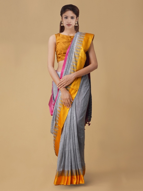 

Unnati Silks Grey & Mustard Yellow Pure Linen Colourblocked Jamdani Saree