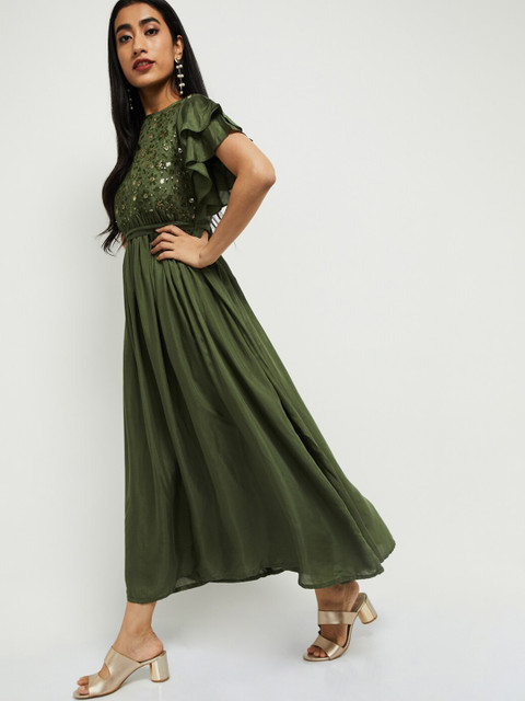 

max Women Green Self Design Fit and Flare Dress