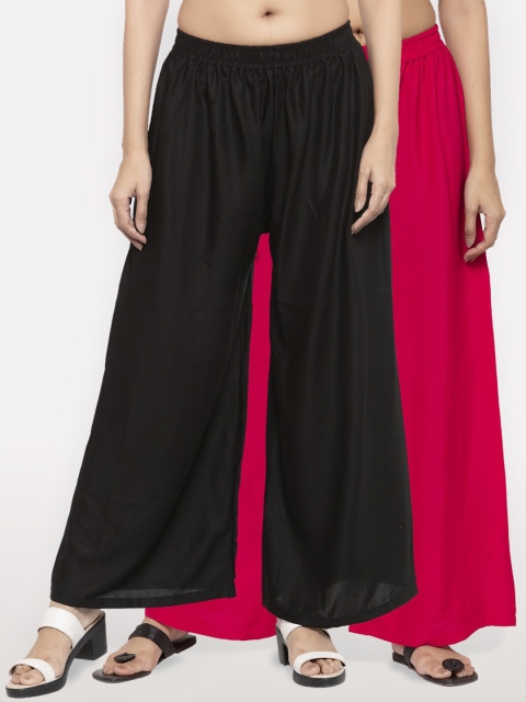 

NEUDIS Women Pack Of 2 Black & Magenta Solid Flared Palazzos