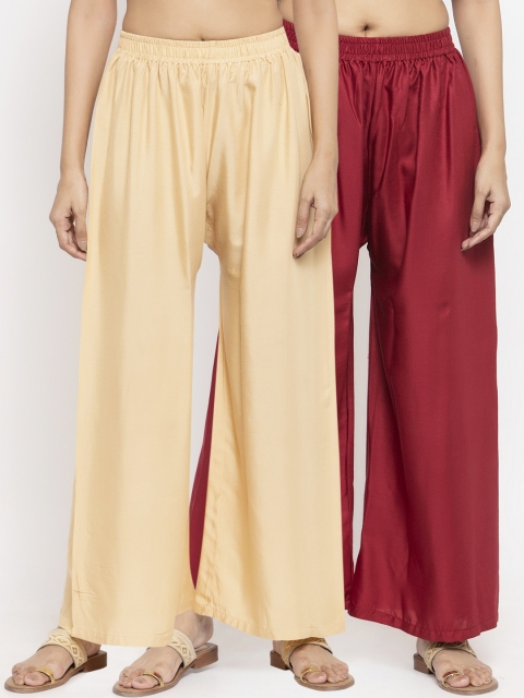 

NEUDIS Women Pack Of 2 Beige & Maroon Solid Flared Palazzos