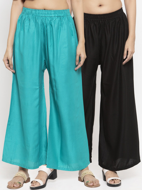 

NEUDIS Women Pack Of 2 Black & Turquoise Blue Solid Flared Palazzos