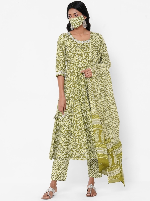 

FASHOR Women Green Printed Kurta with Trousers & Dupatta