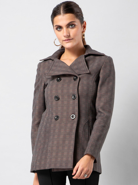 

FabAlley Women Beige & Brown Checked Double-Breasted Pea Coat
