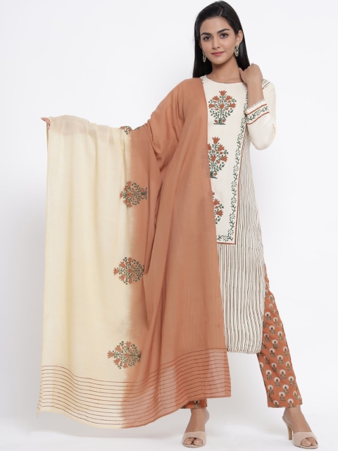 

WomenMagic Women Off-White & Brown Printed Kurta with Palazzos & Dupatta