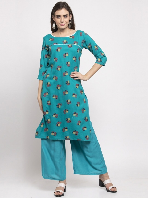 

NEUDIS Women Turquoise Blue Printed Straight Kurta