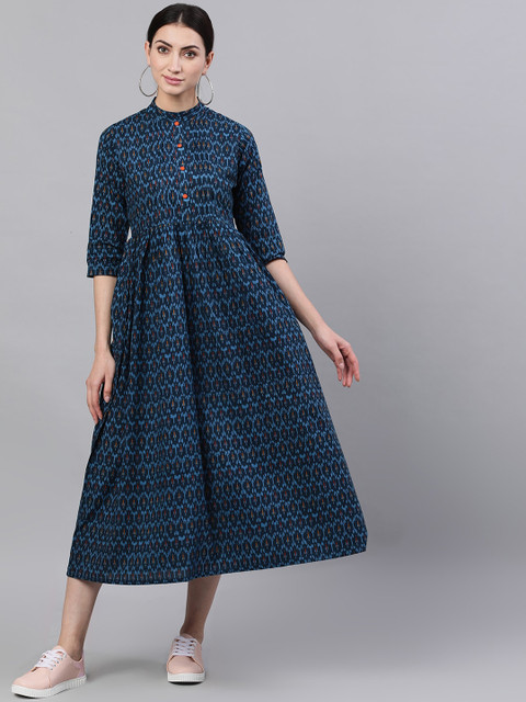 

Nayo Women Navy Blue Printed Fit and Flare Dress