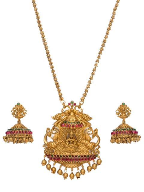 

Alankruthi Gold-Plated Pink & Green Stone Studded Goddess Chain Pendant Sustainable Jewellery Set