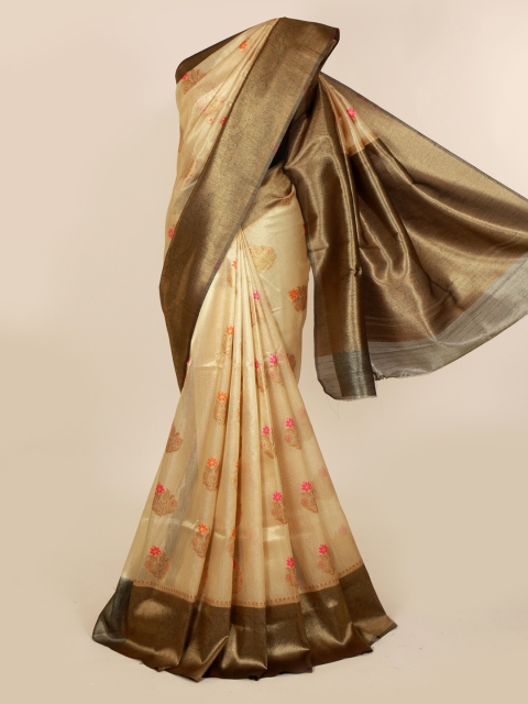 

Pothys Cream-Coloured & Brown Printed Saree