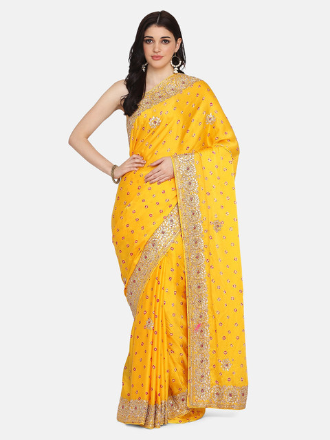 

BOMBAY SELECTIONS Yellow & Pink Poly Crepe Printed Bandhani Saree