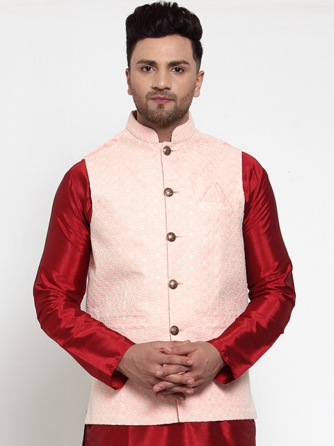 

Jompers Men Pink & White Woven Design Nehru Jacket