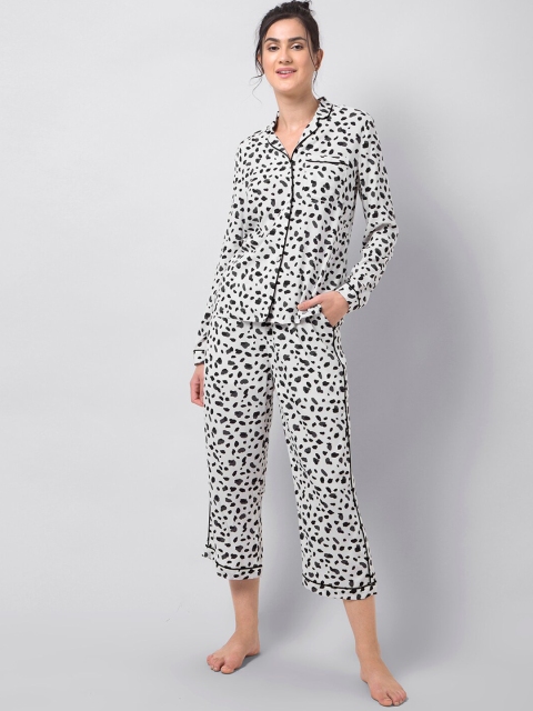 

FabAlley Women White & Black Animal Printed Night suit