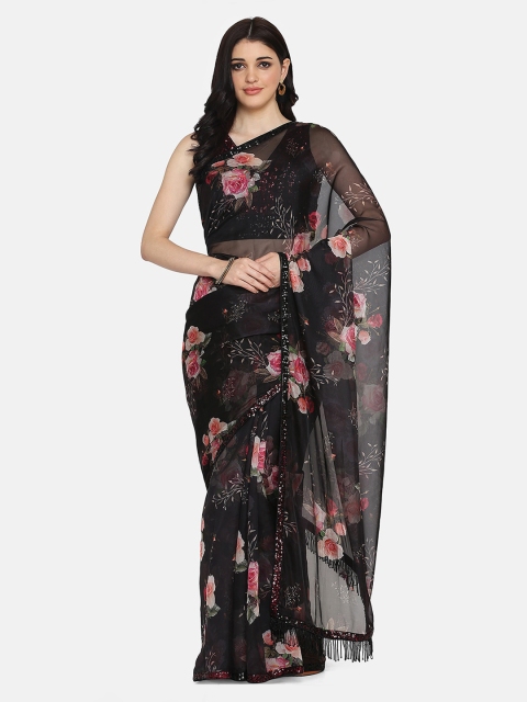 

BOMBAY SELECTIONS Black & Pink Organza Printed Saree