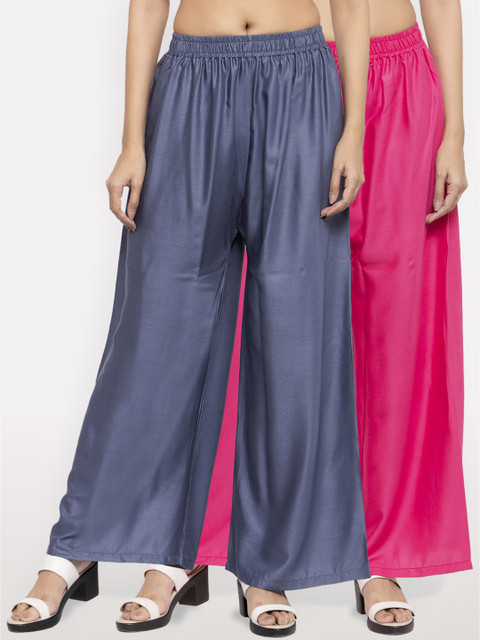 

NEUDIS Women Pack Of 2 Grey & Pink Solid Flared Palazzos