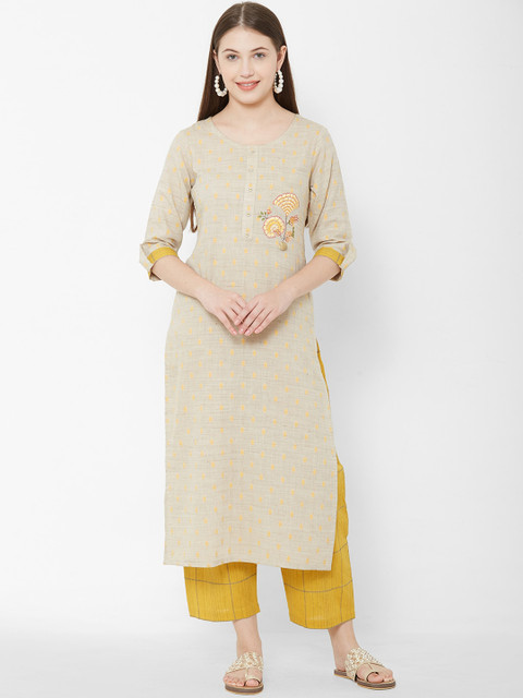 

Os Women Beige & Yellow Printed Kurta with Trousers