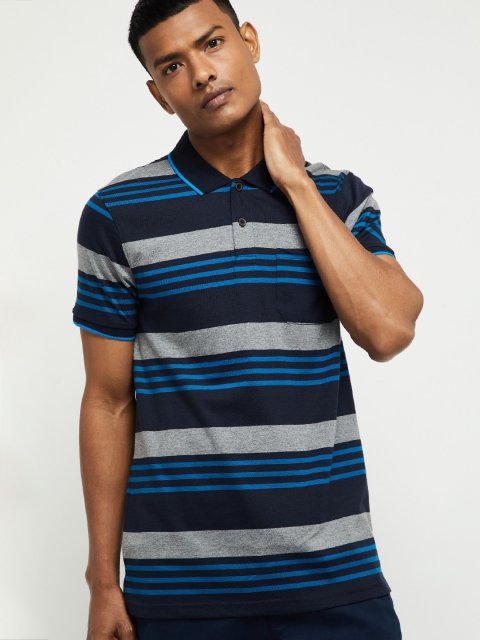 max Men Blue Striped Polo Collar T-shirt