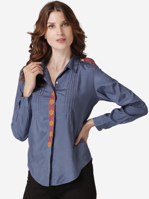 

LABEL REGALIA Women Blue Solid Shirt Style Top