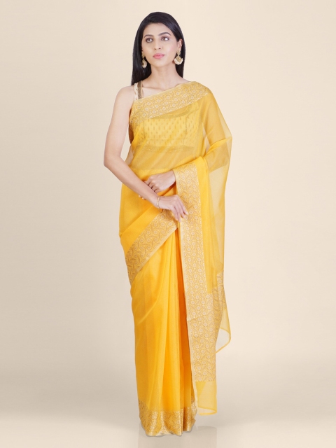 

Shruti and Mangaaysh Yellow & Gold-Coloured Pure Silk Handloom Banarasi Saree