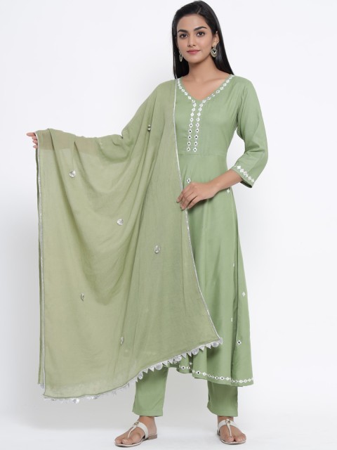 

WomenMagic Women Green Solid Kurta with Trousers & Dupatta