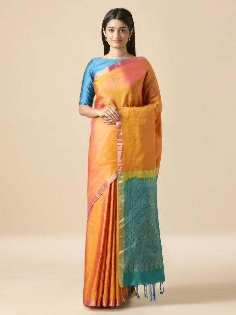 

Taneira Orange & Yellow Pure Silk Solid Handloom Saree