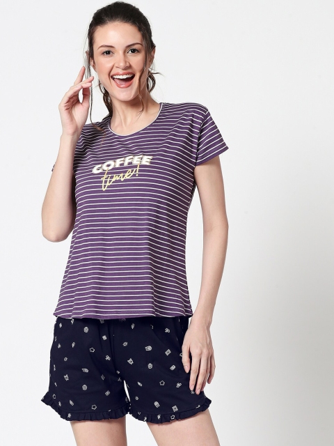 

Zeyo Women Purple & Navy Blue Striped Night Suit