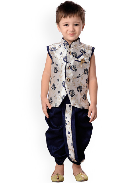 

Jeetethnics Boys Silver-Coloured & Navy Blue Woven Design Kurta with Dhoti Pants