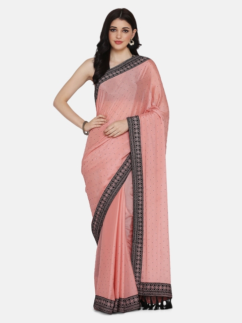 

BOMBAY SELECTIONS Peach-Coloured & Black Poly Crepe Embellished Saree
