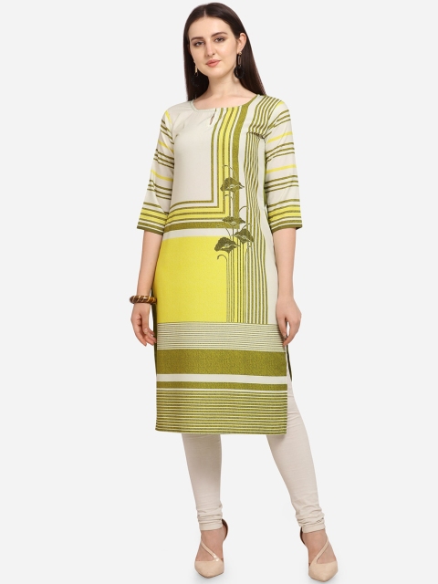 

PURVAJA Women Olive Green Striped Straight Kurta