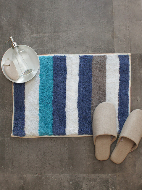 

House This Blue & White Striped Rectangular 110 GSM Cotton Bath Rug